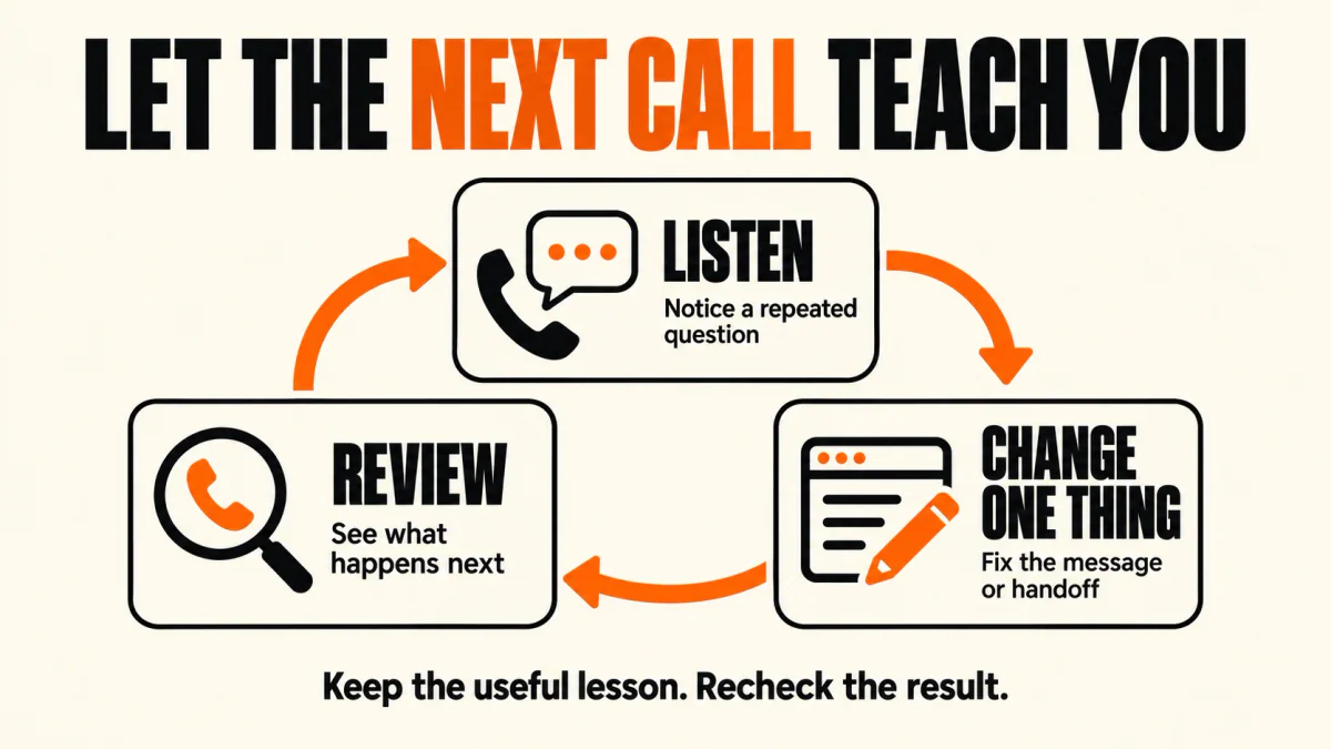Listen for a repeated customer question, change one part of the marketing, and review what happens next