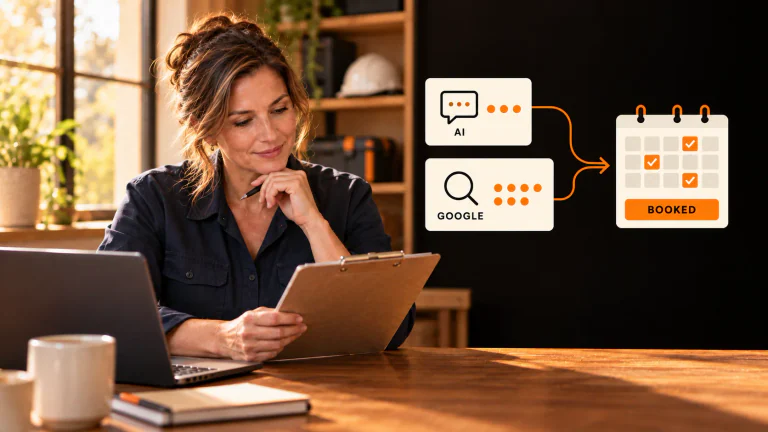 Local business owner reviewing lead quality while AI and Google search inquiries connect to a booking calendar.