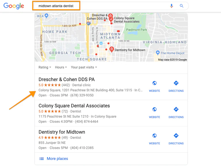 Dental practice appearing first in a local search result