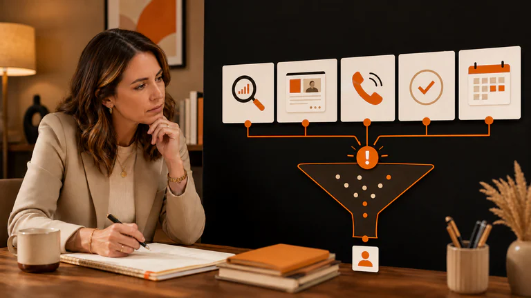 Private practice owner reviewing a patient search funnel from online visibility to a booked appointment