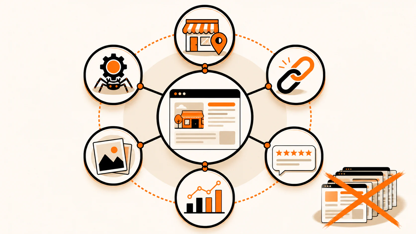 Local SEO system connecting content with business information, links, proof, reviews, and measurement
