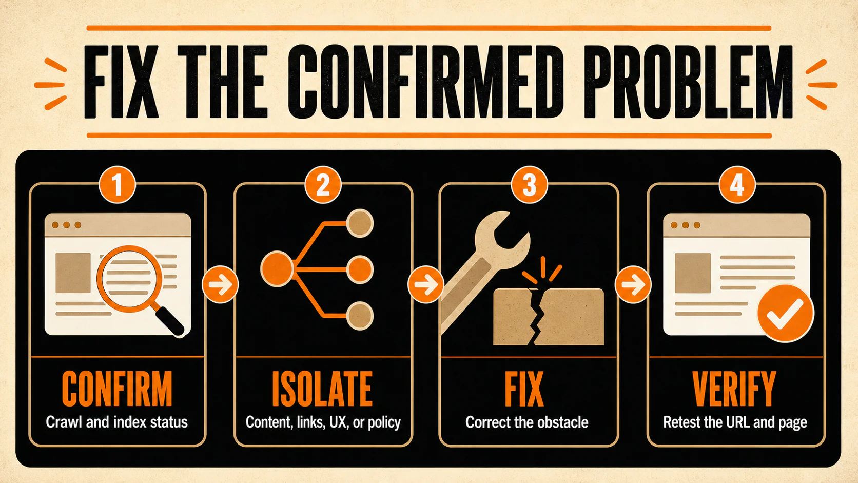 Four-step SEO troubleshooting workflow: confirm status, isolate the cause, fix the obstacle, and verify the page