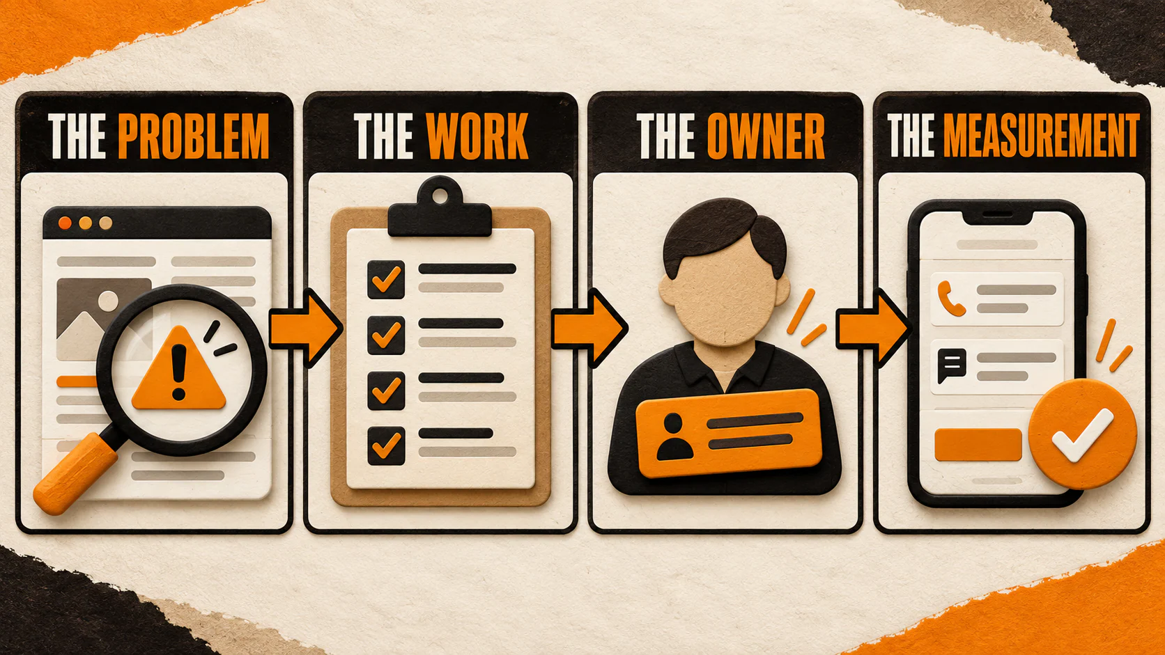 SEO proposal workflow connecting the problem, planned work, responsible owner, and meaningful measurement