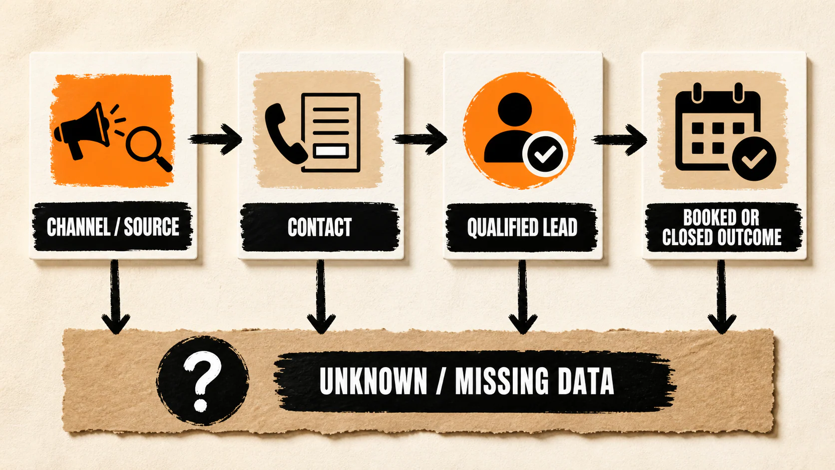 Marketing attribution ladder from channel source to contact, qualified lead, and booked or closed outcome