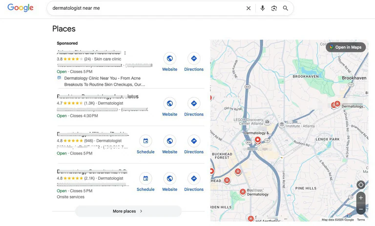 Google local search results and map listings for an Atlanta near-me search