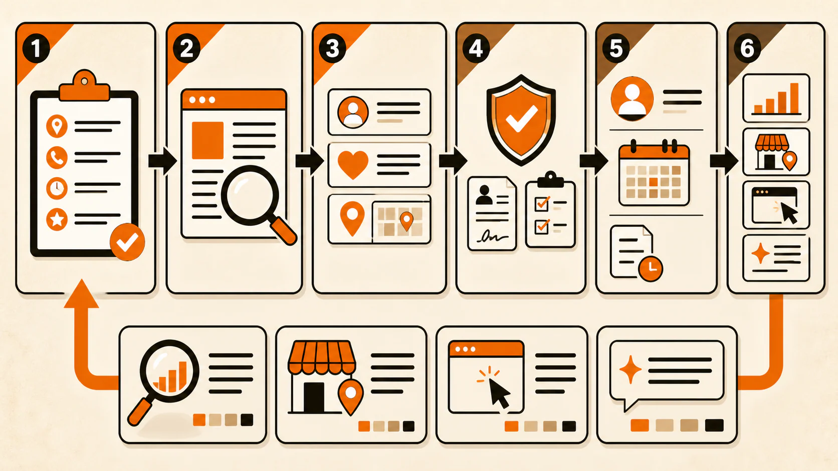 Six-step healthcare AI search visibility workflow from verified facts through maintenance and measurement