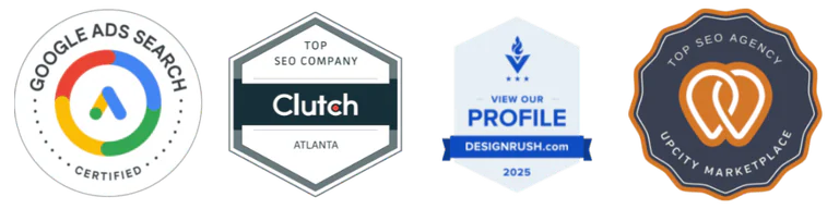 Google Ads Search certification and Clutch, DesignRush, and UpCity recognition badges
