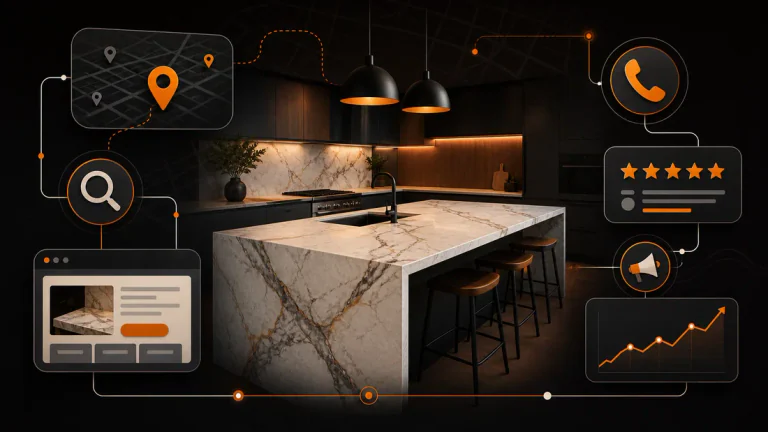 Countertop showroom connected to search, reviews, calls, and lead growth