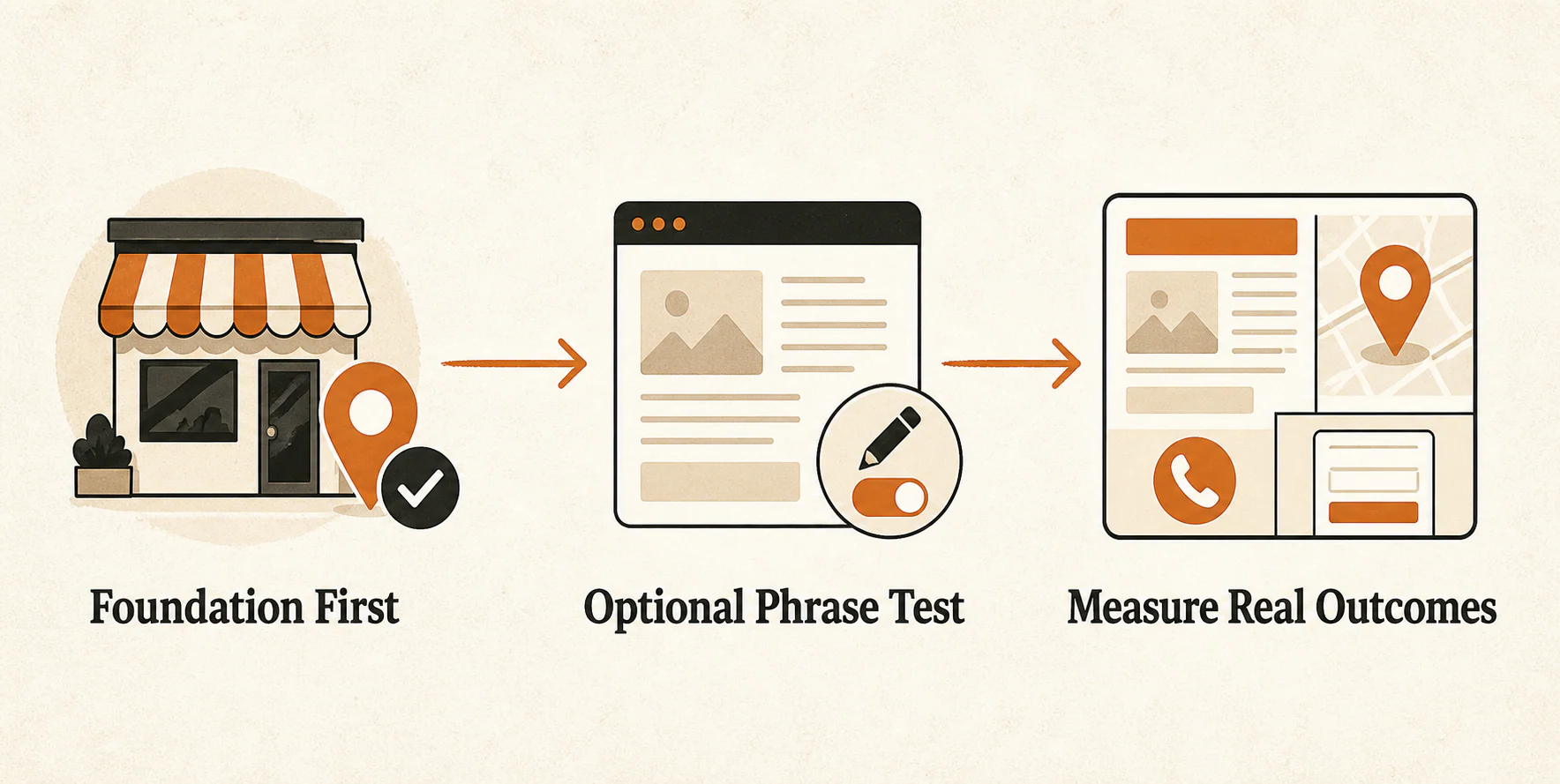 Near me SEO framework showing foundation first, optional phrase test, and measurement of real outcomes