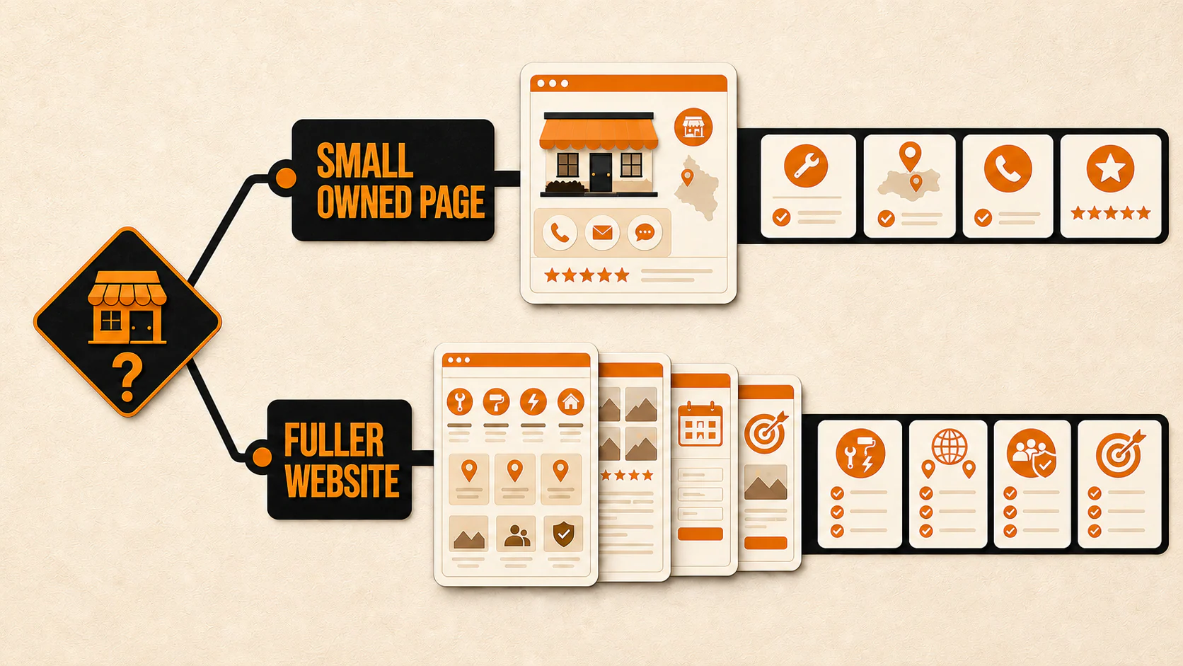 Decision diagram comparing a small owned page with a fuller local business website