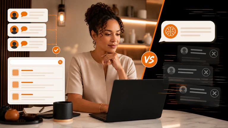 Healthcare business owner comparing public reviews with AI search visibility signals