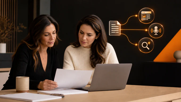 Local health business owner and communications specialist reviewing a press release