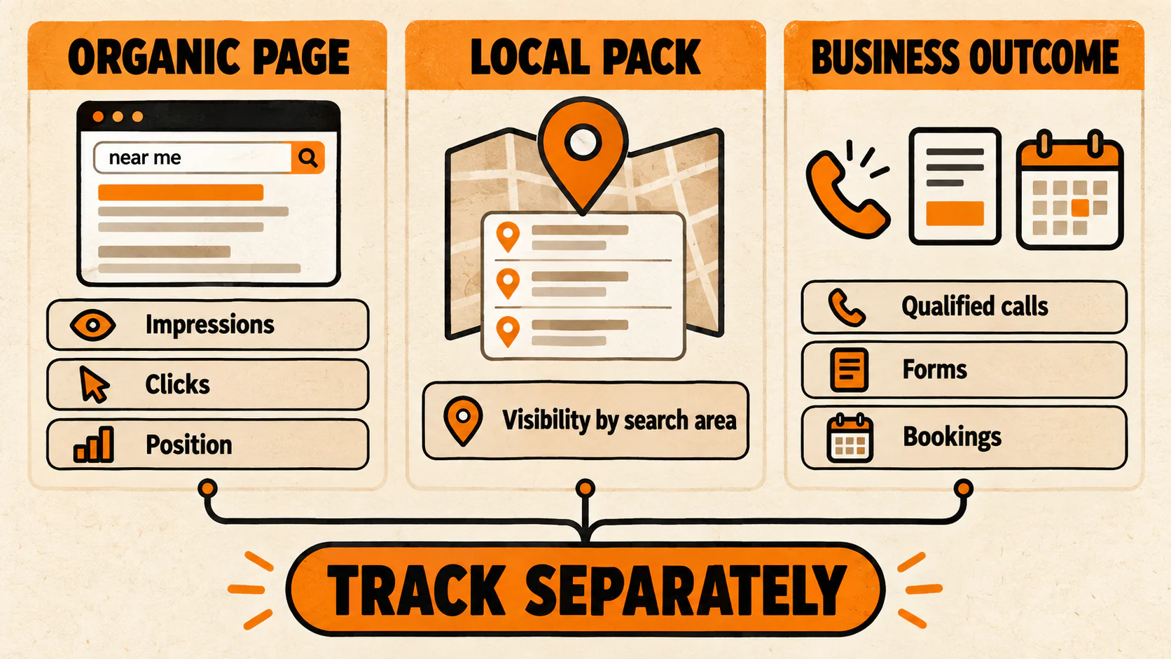 Three separate local SEO measurement lanes for organic pages, local pack visibility, and qualified business outcomes