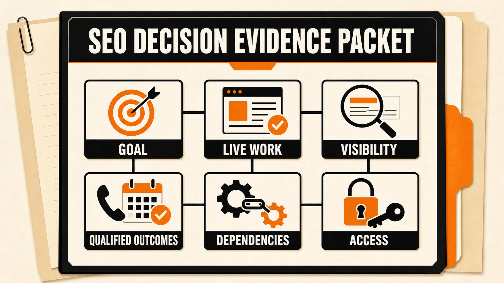Six-part SEO decision evidence packet covering goals, live work, visibility, qualified outcomes, dependencies, and access