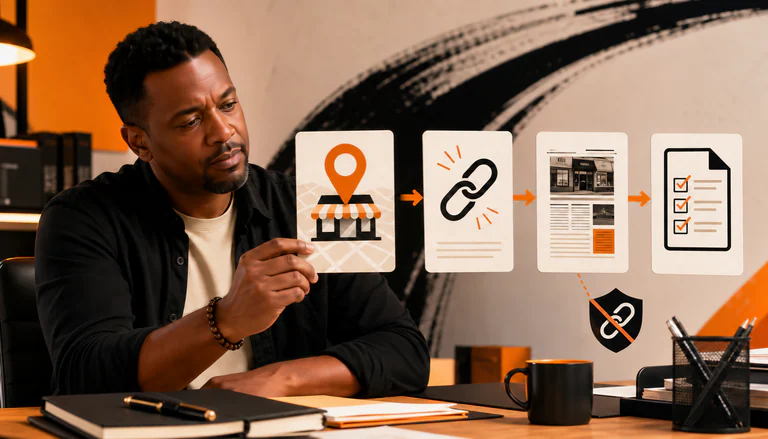 Local business owner evaluating legitimate backlinks, local media coverage, and digital PR opportunities