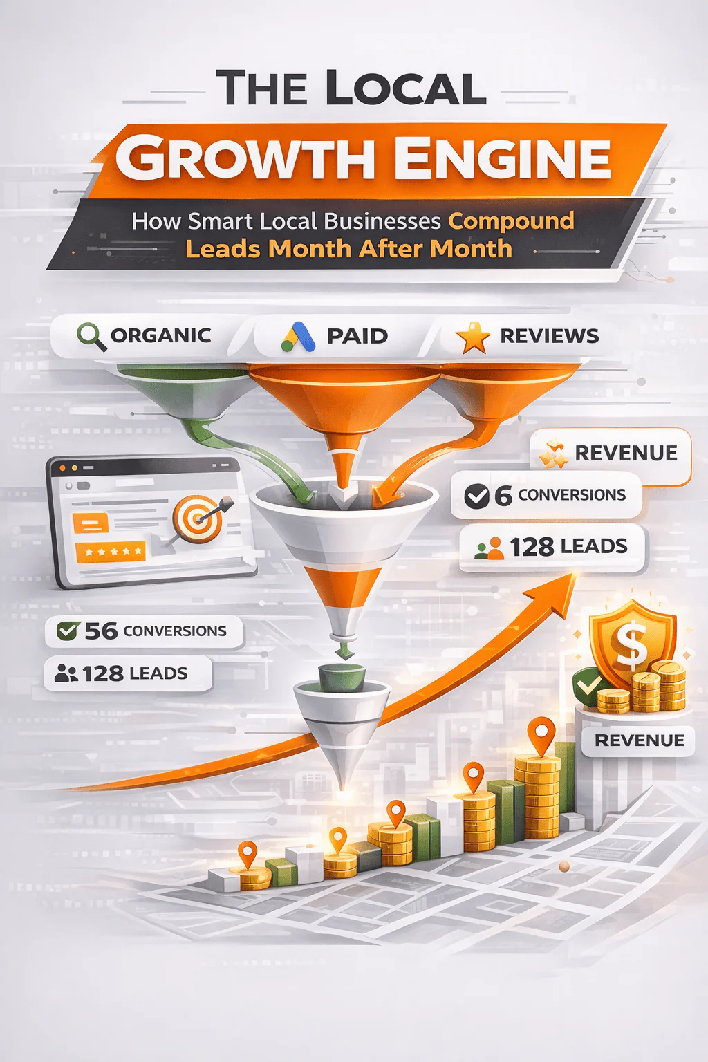 Organic search, paid ads, and reviews feeding a Local Growth Engine that produces leads, conversions, and revenue