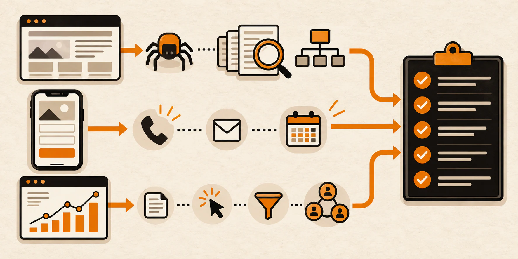 Website audit paths for search access, customer actions, and lead measurement converging on a prioritized issue log