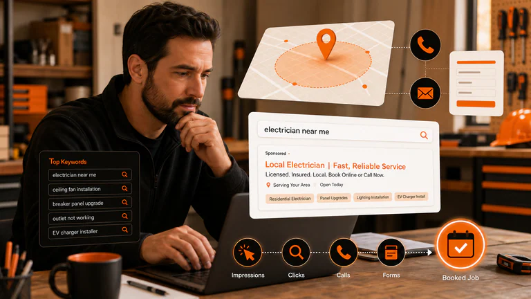 Local service business owner reviewing a Google Ads campaign with location, keyword, call, form, and booked-job graphics