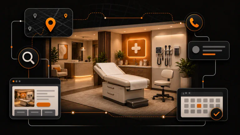 Illustrative primary care clinic connected to search, phone, and appointment icons
