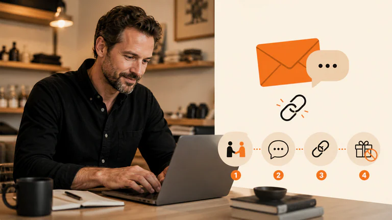Local business owner writing a review request email while a four-step neutral request workflow appears beside him