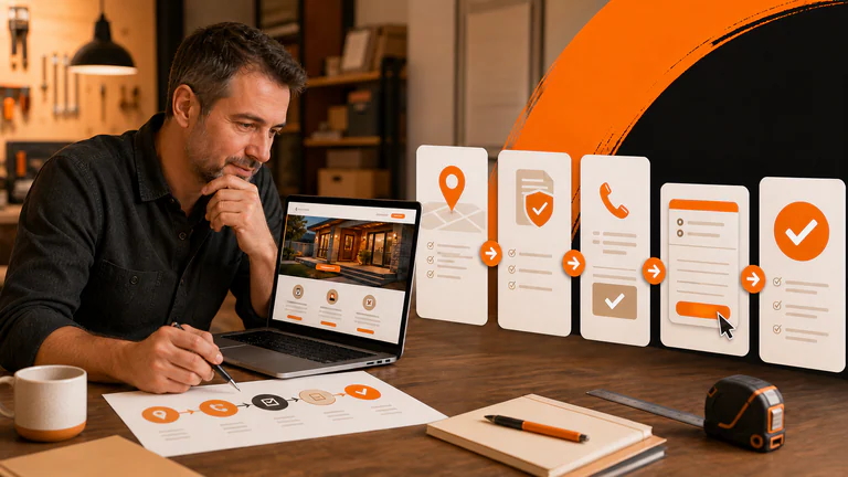 Local service business owner reviewing a website path from service page to qualified inquiry