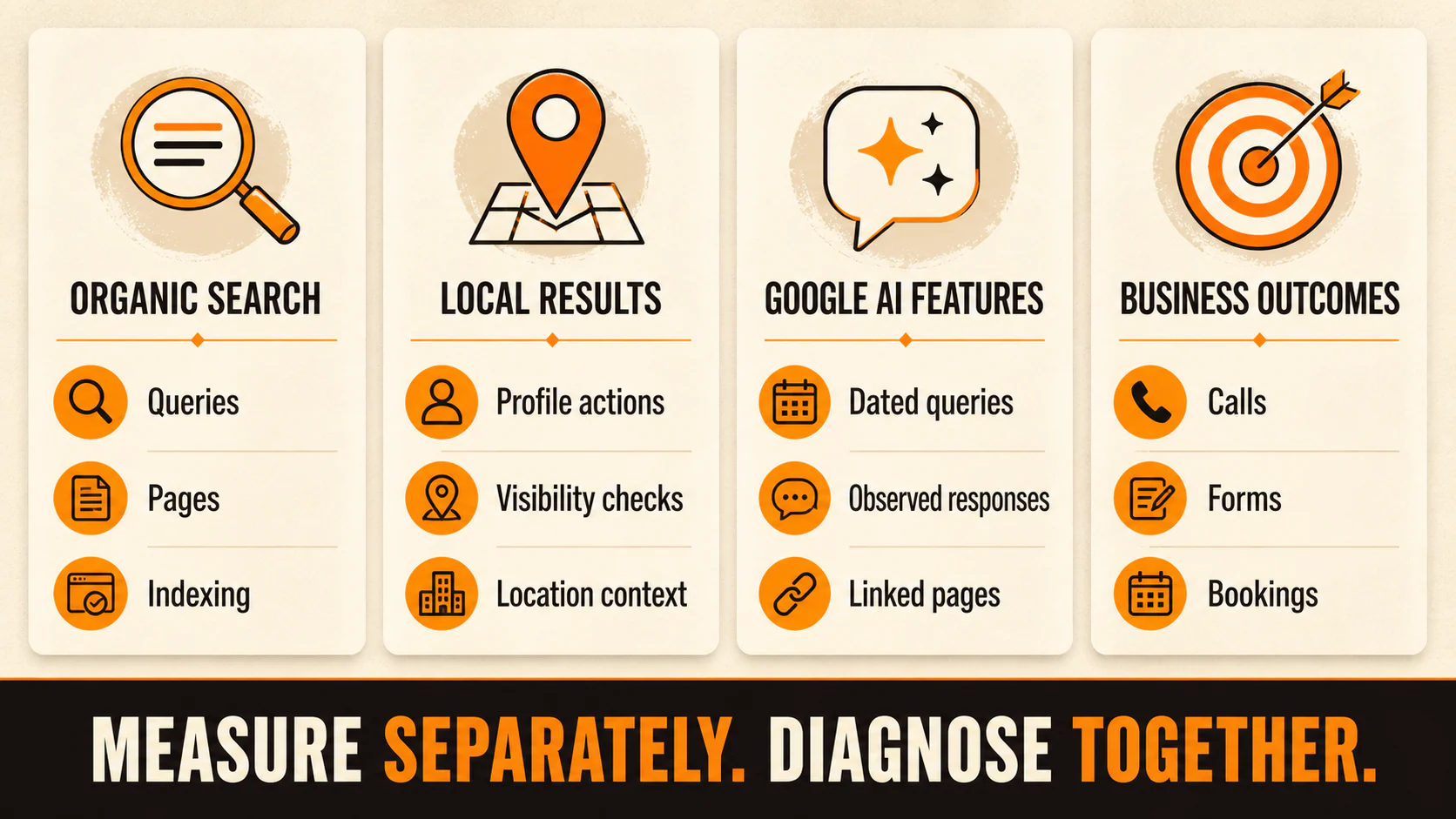 Separate measurement for organic search, local results, Google AI features, and business outcomes