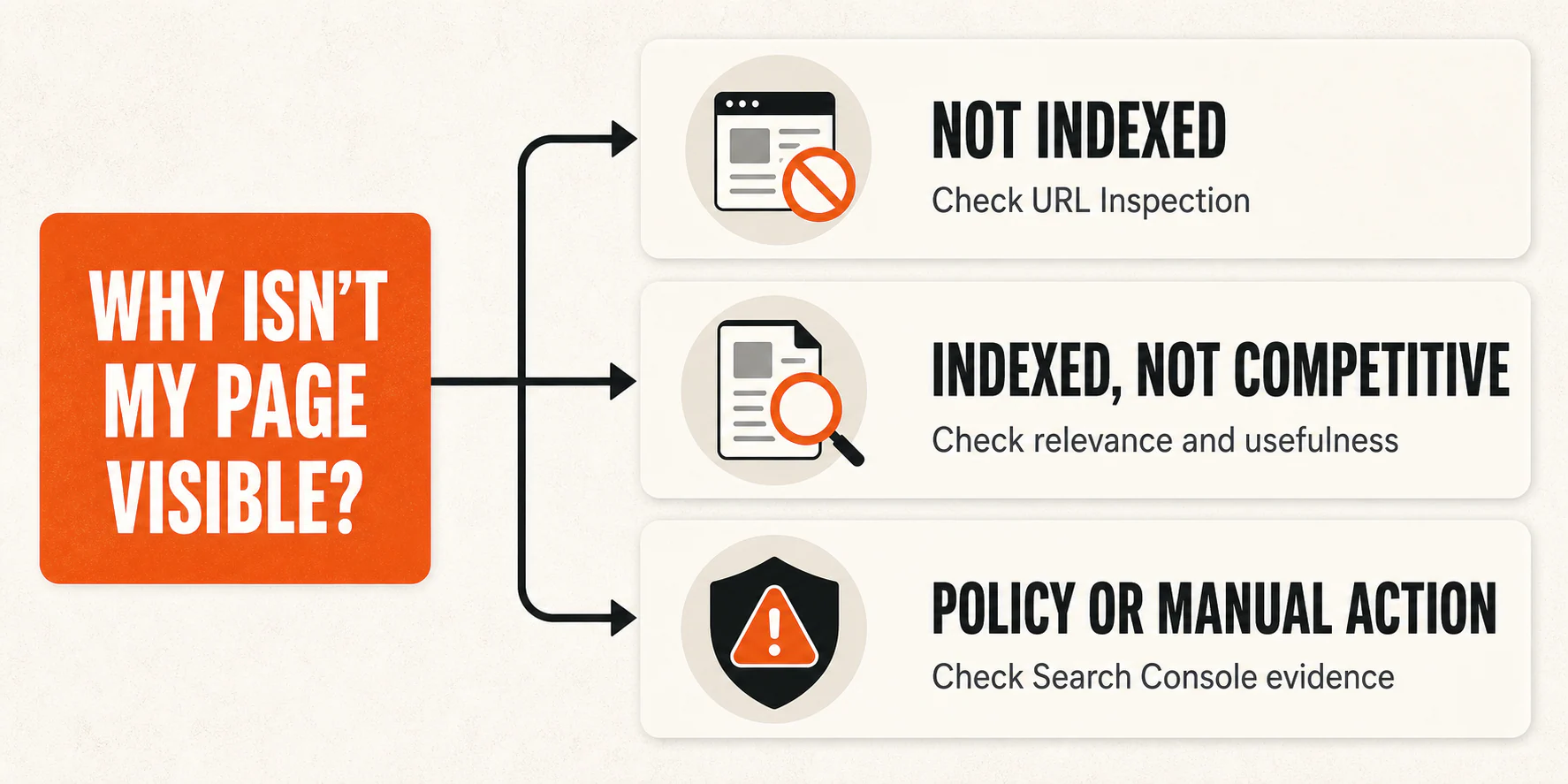 Three-part Google visibility diagnostic: not indexed, indexed but not competitive, or a policy or manual action issue