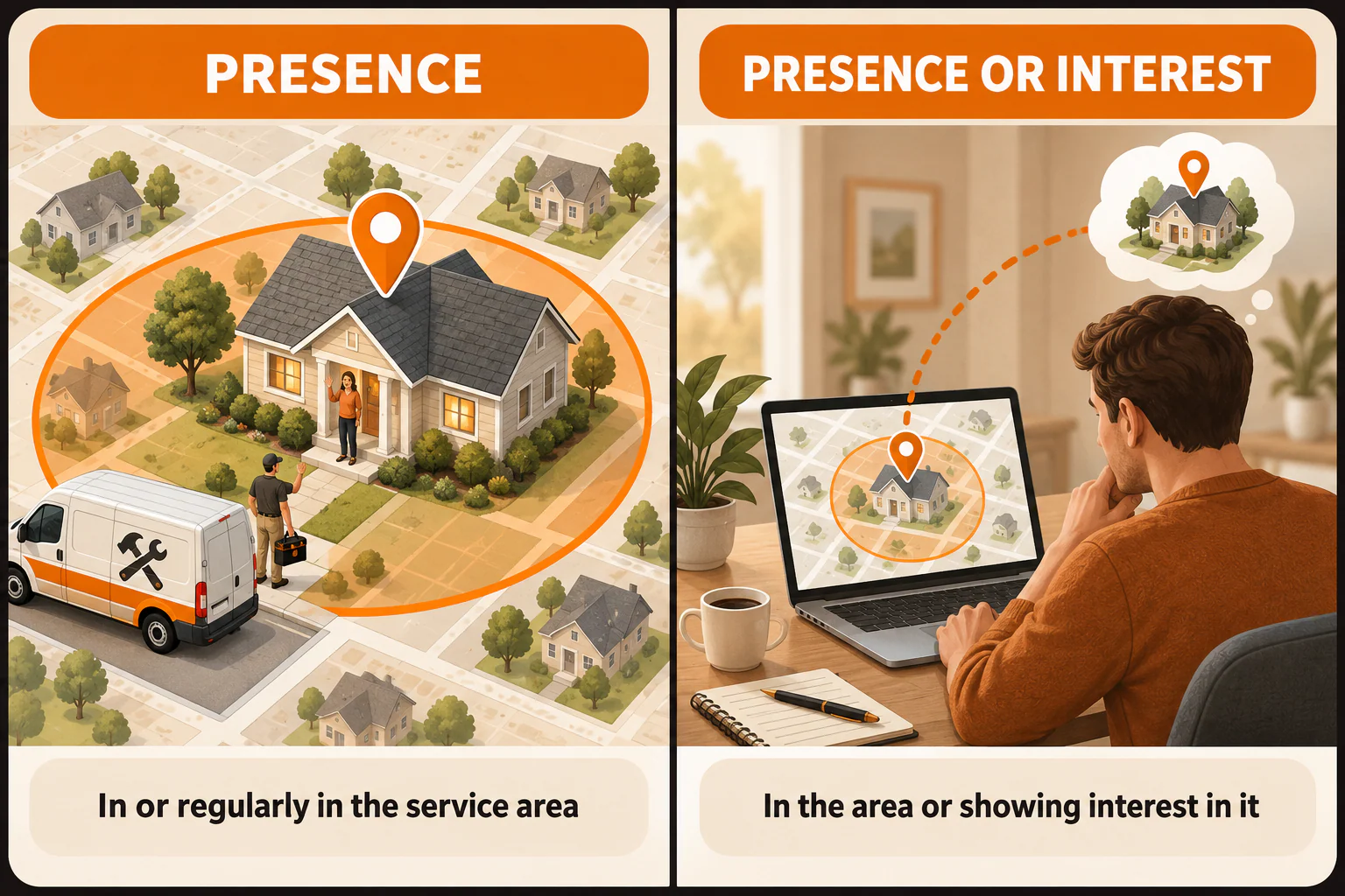 Google Ads Presence targeting in a home-services area compared with Presence or Interest targeting