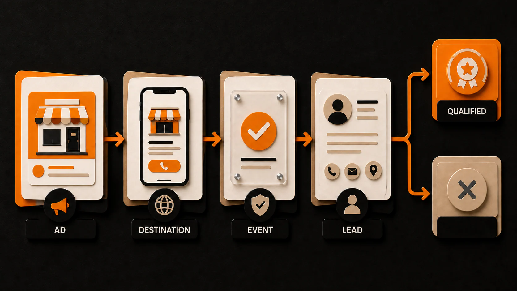 Instagram ads measurement chain from ad and destination to verified event, lead record, and qualification