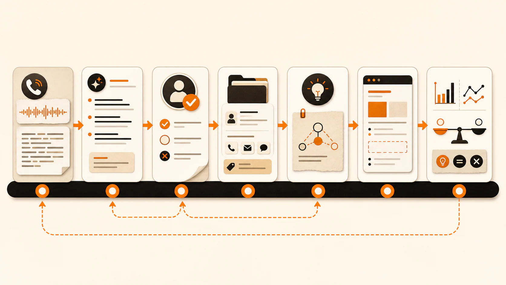 Workflow from a permitted call and AI summary through human validation, CRM outcome, a controlled change, and measured review