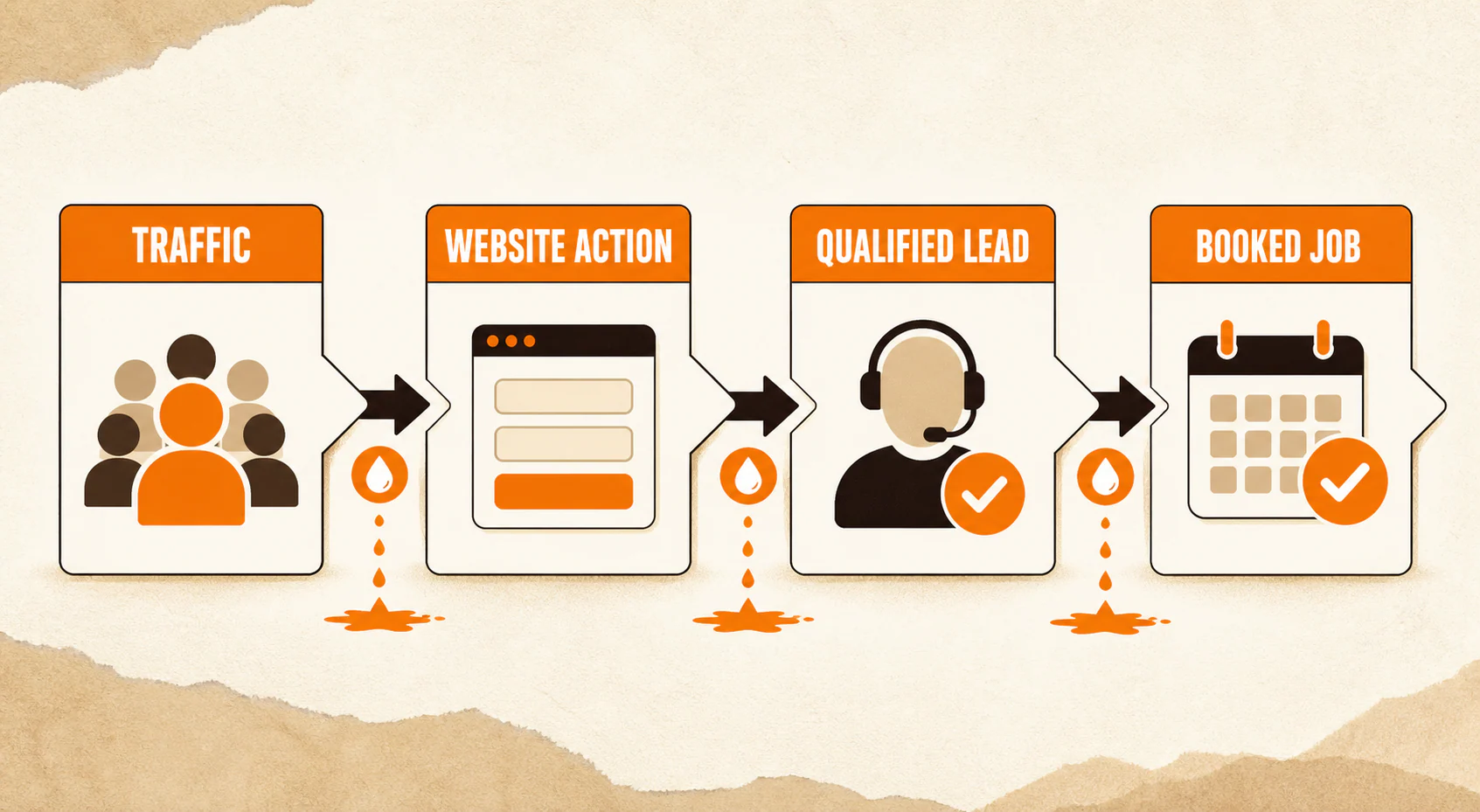 Local service conversion ladder from traffic to website action, qualified lead, and booked job
