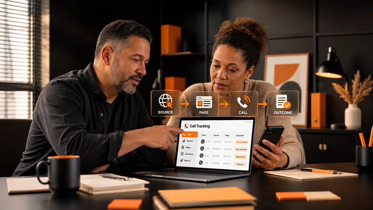 Local business owner and marketing specialist reviewing phone-call lead quality