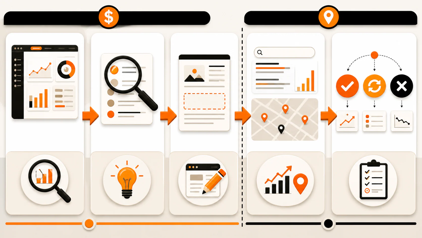 Paid search evidence moving through human validation, an SEO hypothesis, a page change, and separate measurement