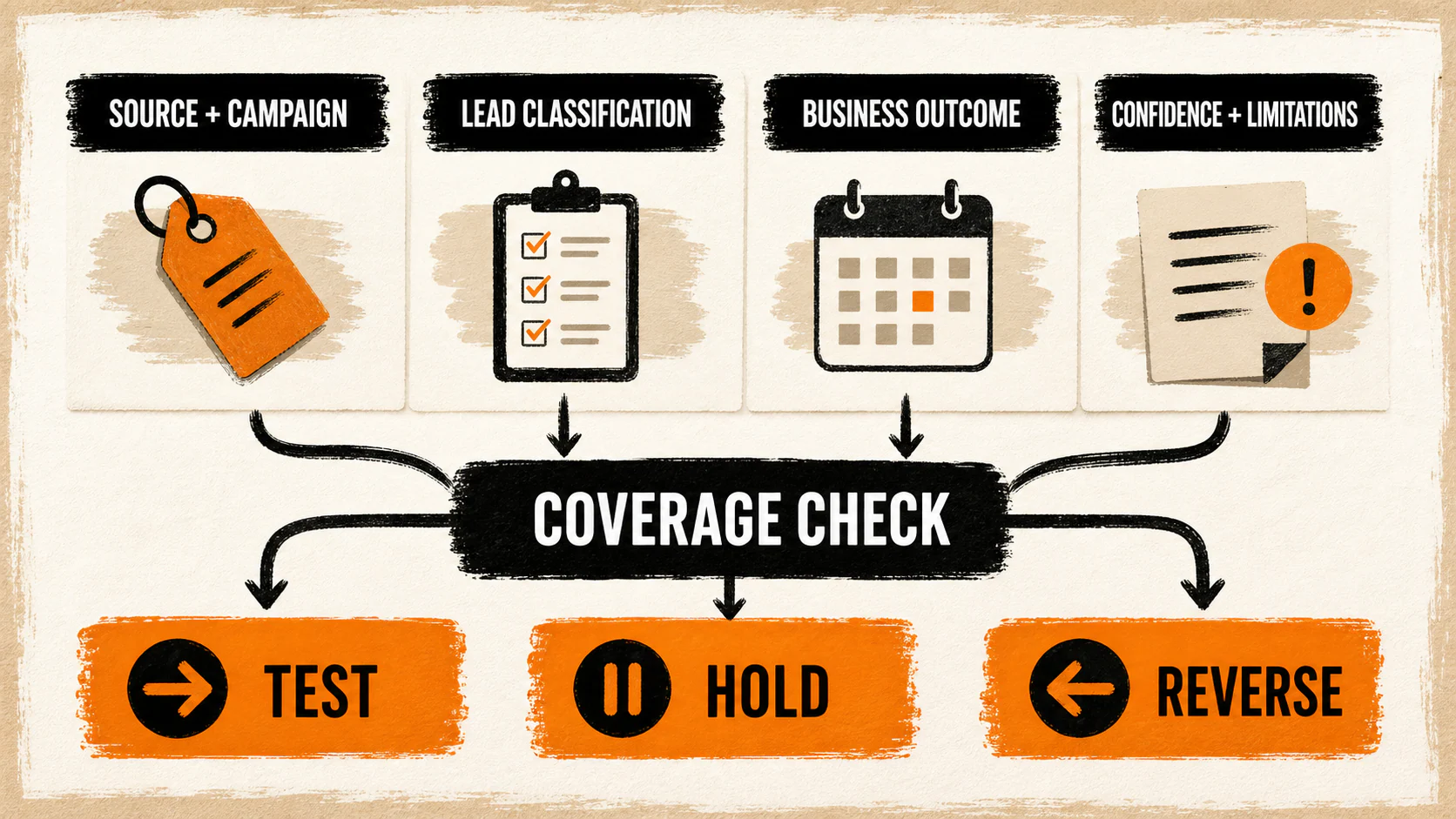 Monthly channel decision record with source, lead classification, business outcome, confidence check, and reversible actions