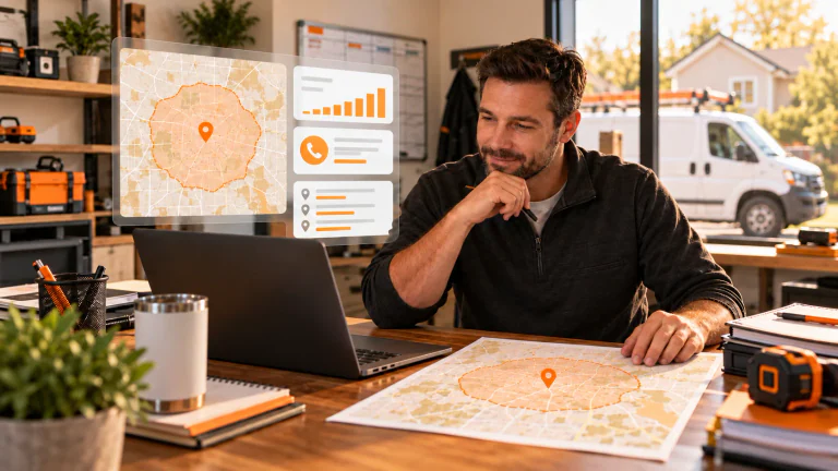 Home-services business owner reviewing a service-area map and advertising information at a workshop desk