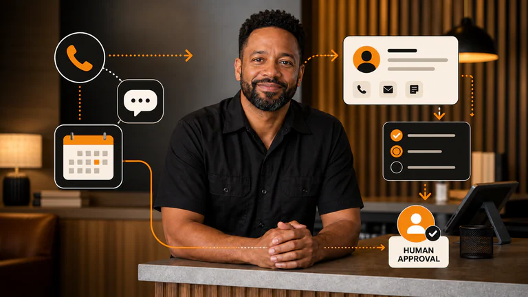 Local business owner reviewing an AI workflow with calls, messages, appointments, tasks, and human approval
