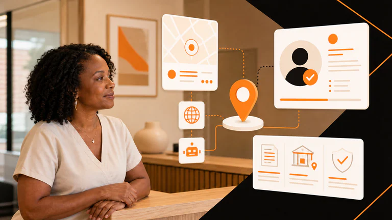 Clinic owner reviewing access, provider, location, and source graphics for AI search visibility