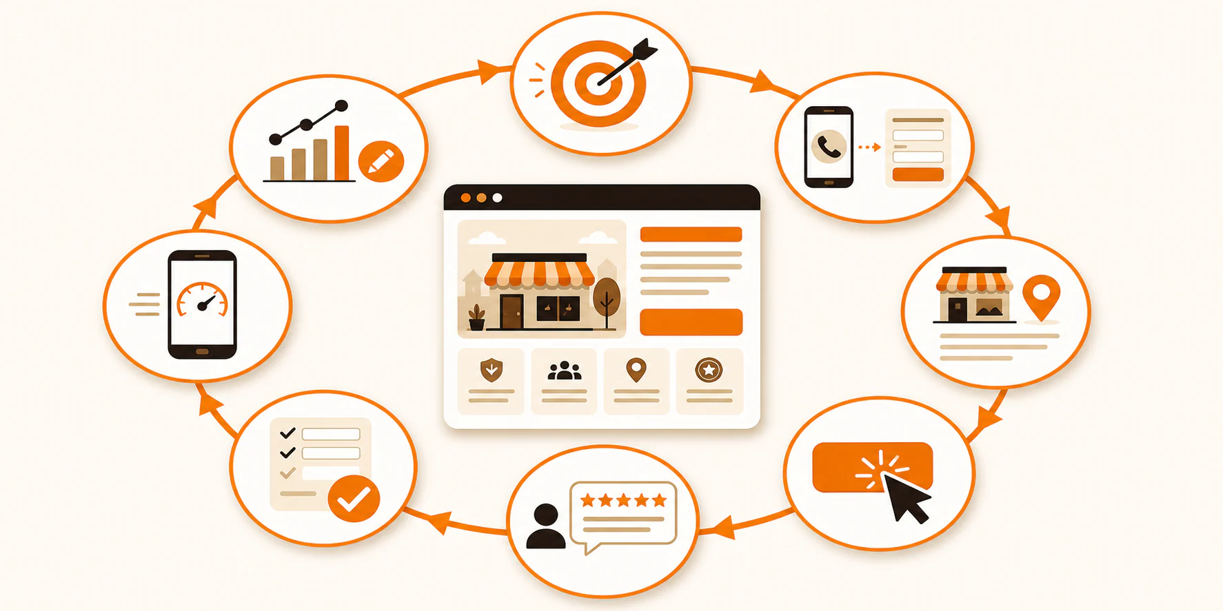 Eight-step homepage conversion loop from defining an action through contact-path testing, proof, mobile performance, and measurement