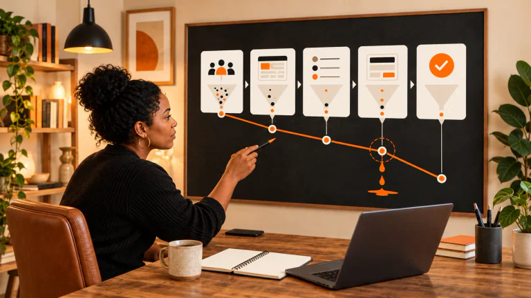 Business owner reviewing five possible causes of a drop in website conversions