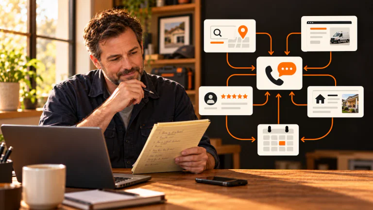 Local business owner connecting customer call notes with search, ads, reviews, service pages, and follow-up
