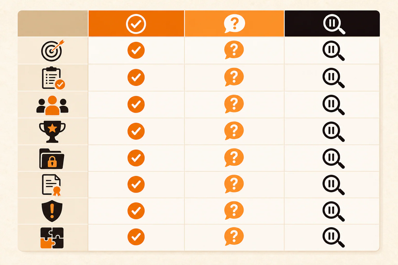 SEO agency proposal scorecard with eight criteria and clear, needs follow-up, and unresolved decision paths