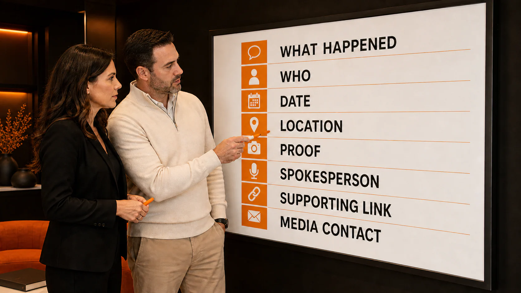 Team reviewing press release facts: event, people, date, location, proof, spokesperson, link, and media contact