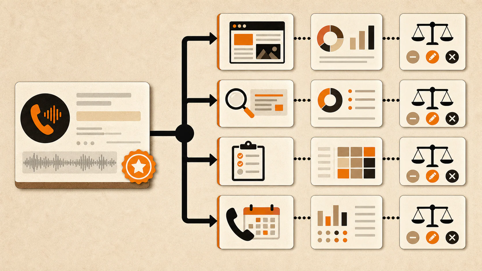 A reviewed call pattern branching into measured tests for content, Google Ads, qualification, and follow-up