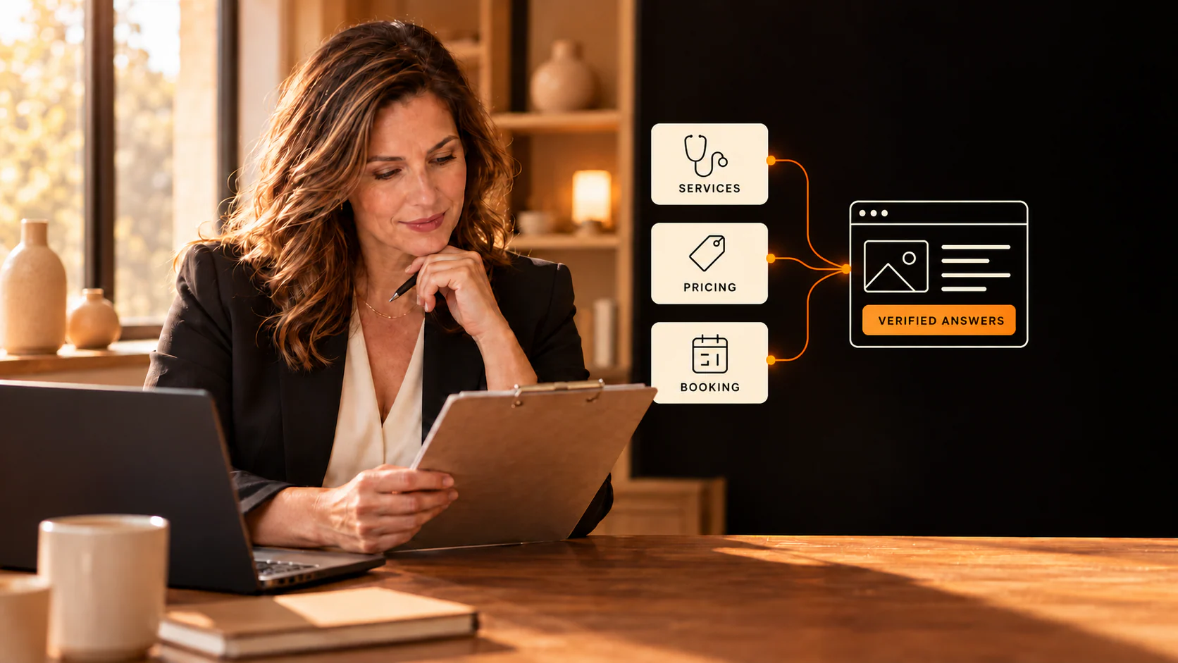 Clinic manager checking services, pricing and booking facts beside a verified-answers webpage