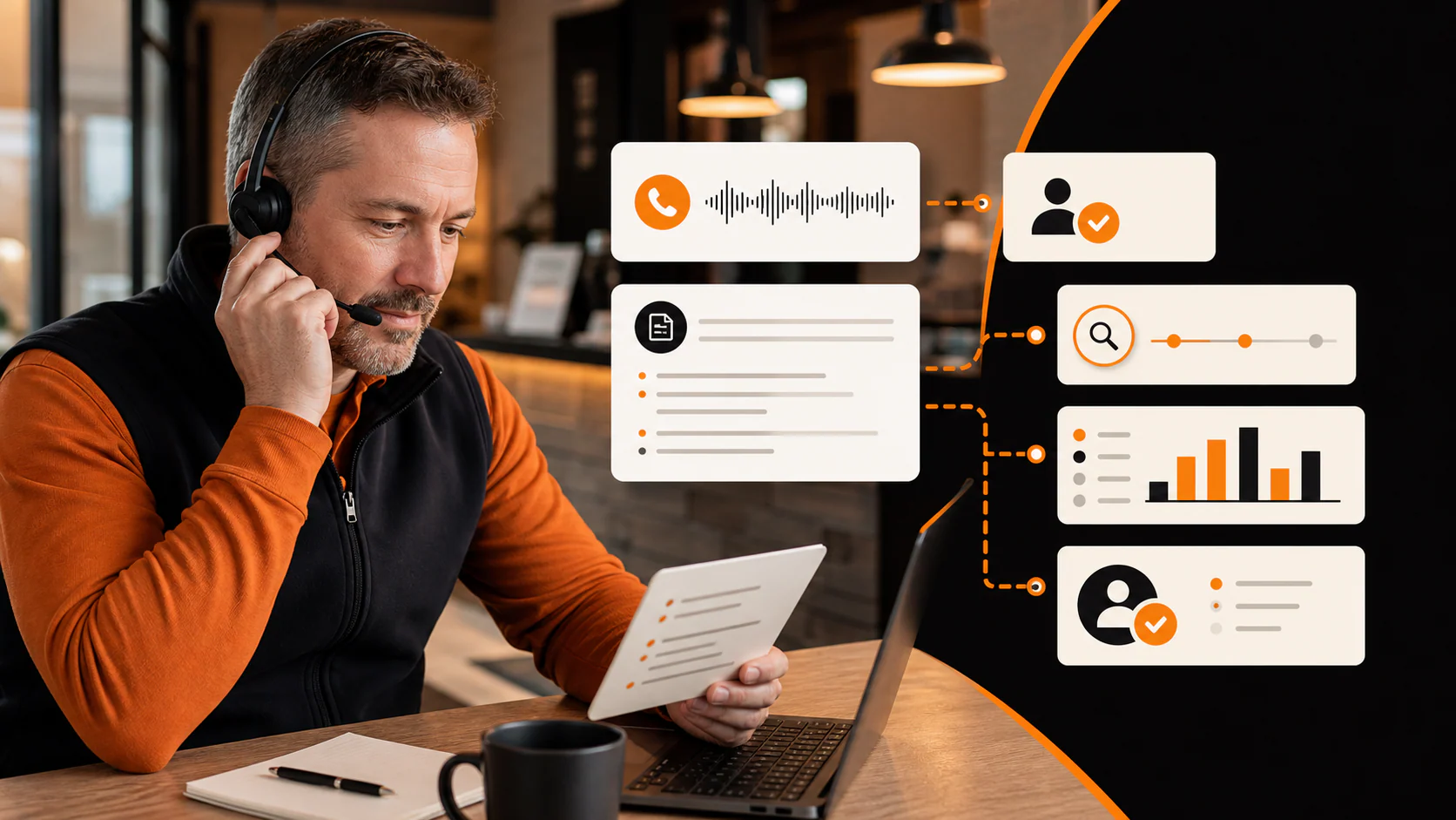 Local business owner reviewing an AI call summary with SEO, Google Ads, and lead-quality graphics