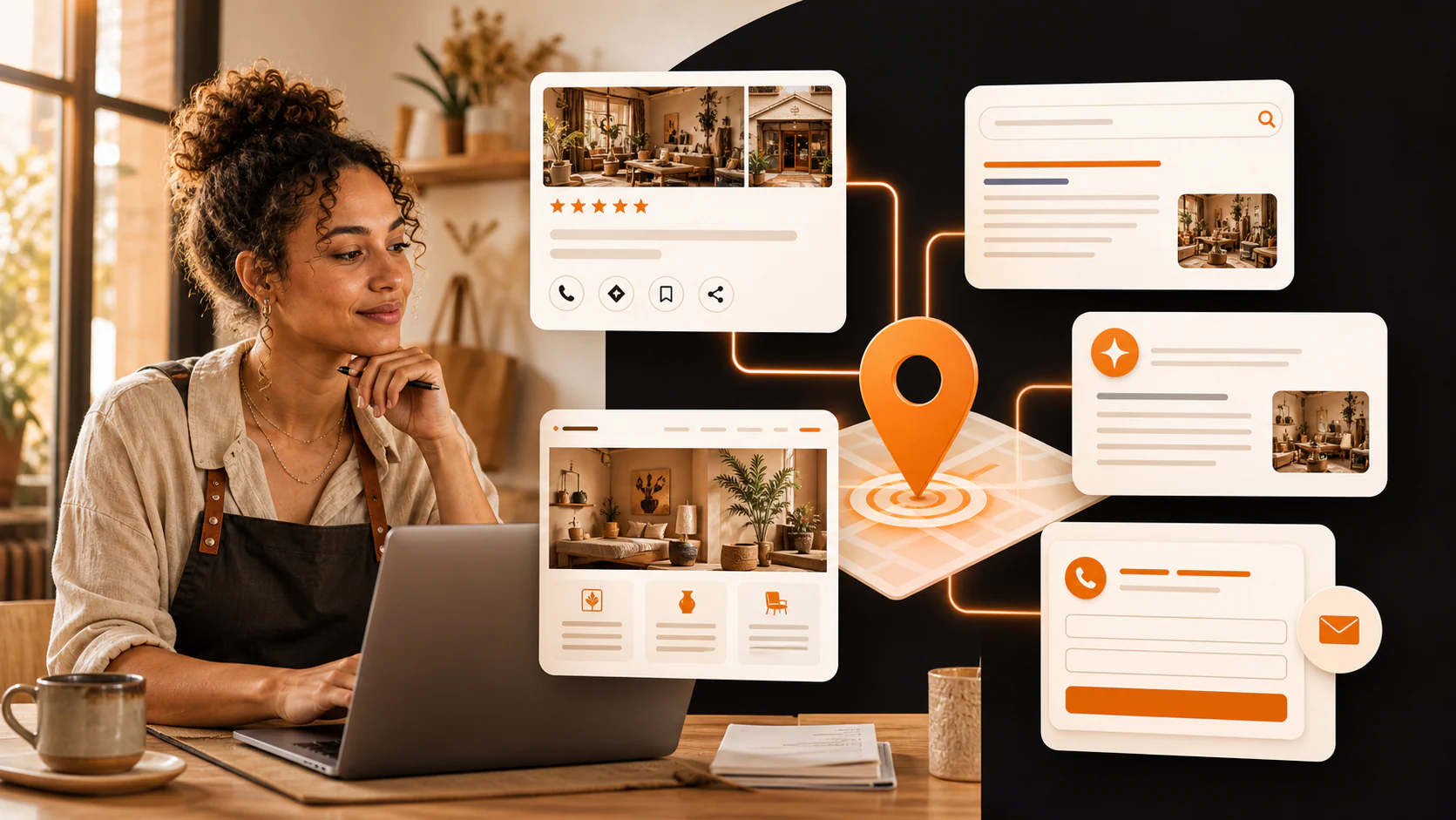 Local business owner reviewing organic search, Maps, AI answers, and customer inquiries