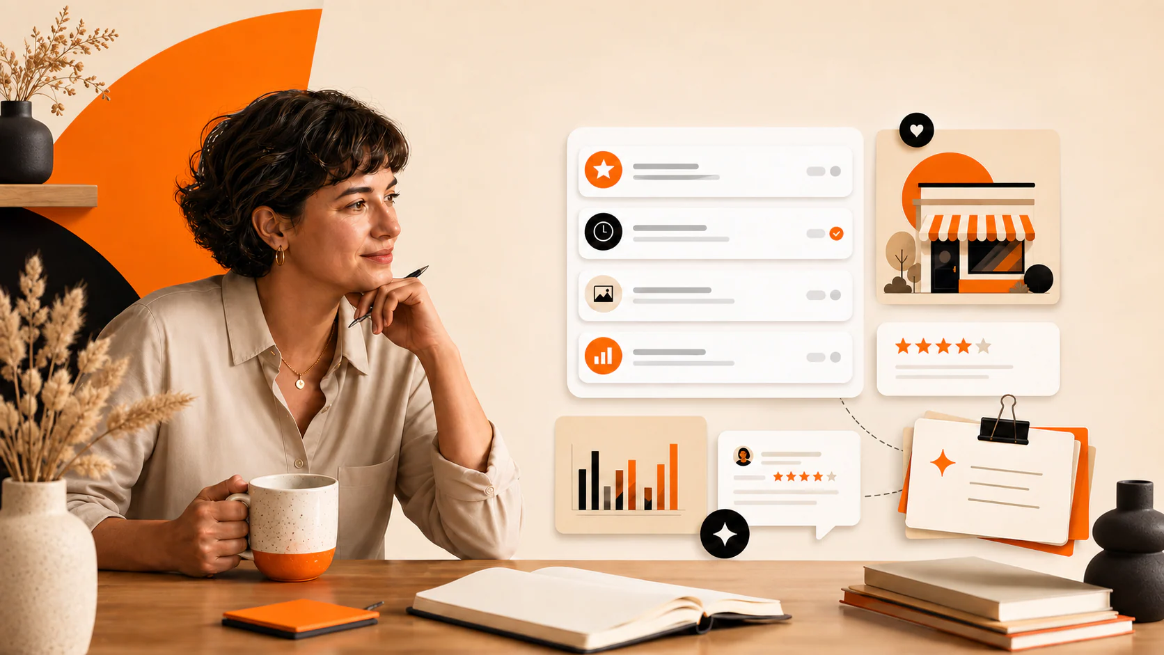 Local business owner reviewing AI-assisted Google Business Profile tasks before approving changes