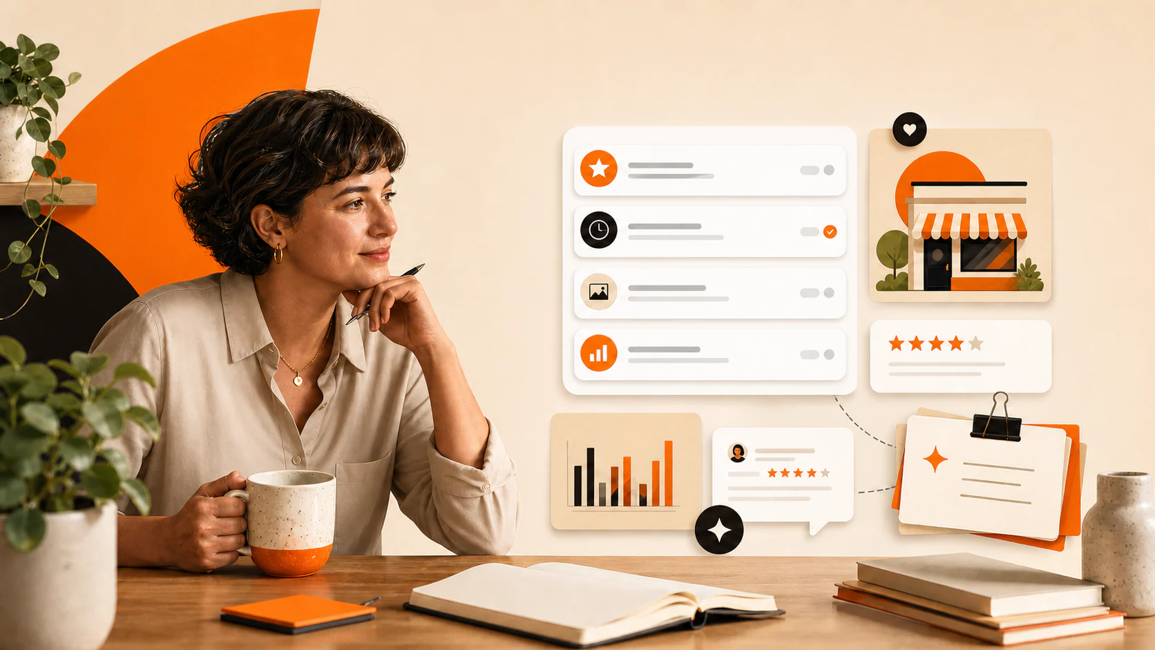 Local business owner reviewing AI-assisted Google Business Profile tasks before approving changes