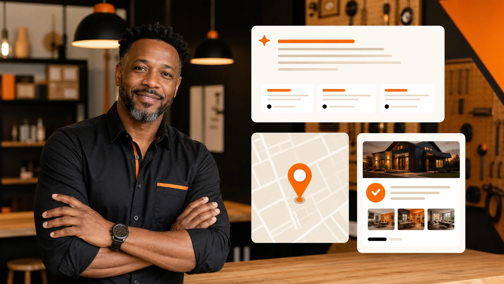 Local business owner reviewing AI Overviews, Maps, and verified website information