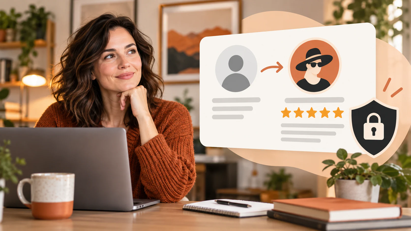 Reviewer choosing a custom public profile for a local business review while considering privacy